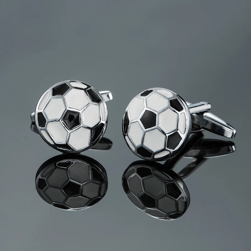 Cuff-link set with soccer ball design, silver and black enamel, round posts