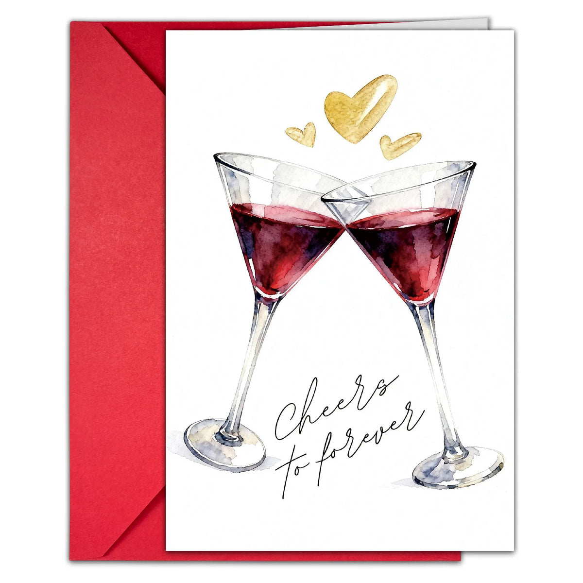 Wedding celebration card with watercolor red wine glasses, gold hearts, 'Cheers to forever'