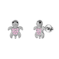 Teddy bear sparkle stud earrings with pink heart center and silver-tone setting