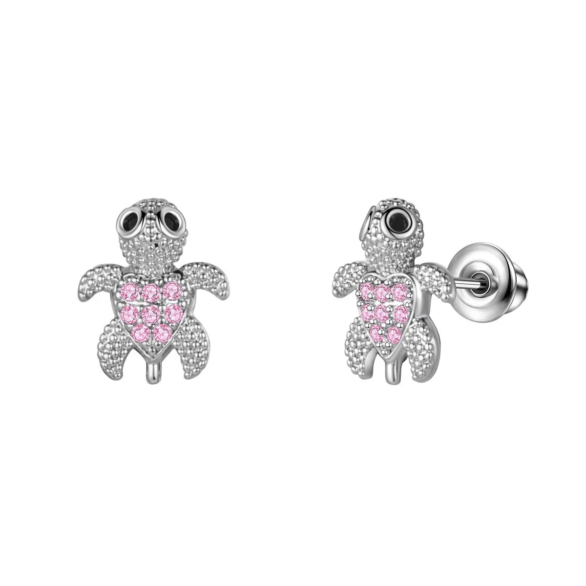 Teddy bear sparkle stud earrings with pink heart center and silver-tone setting