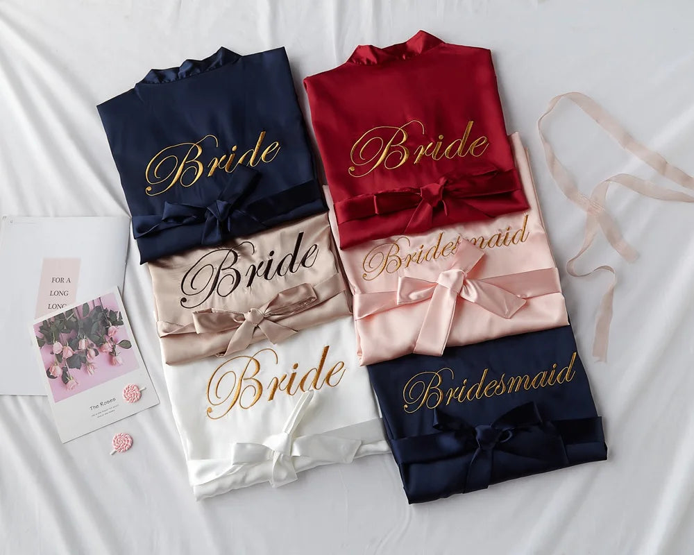 Bridal robe set in navy, red, blush, and white, embroidered Bride styles