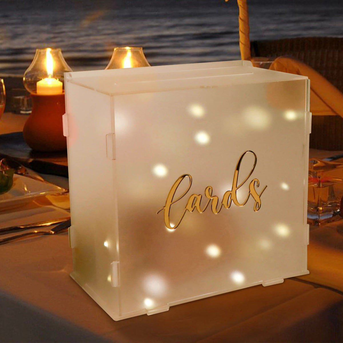 White frosted acrylic wedding card box with 'Cards' word and warm LED lights