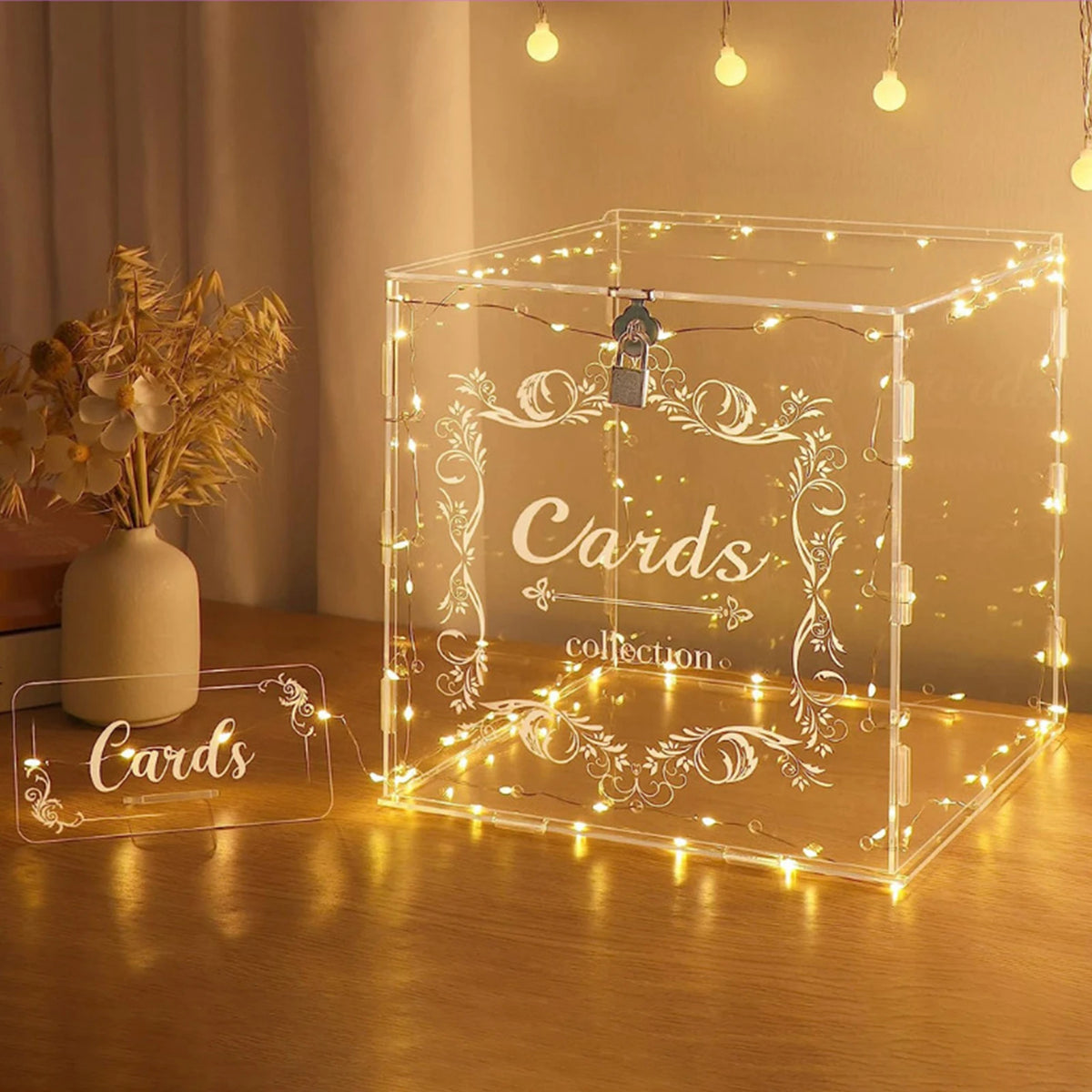 Clear acrylic wedding card box with lock, “Cards collection” decorative lettering