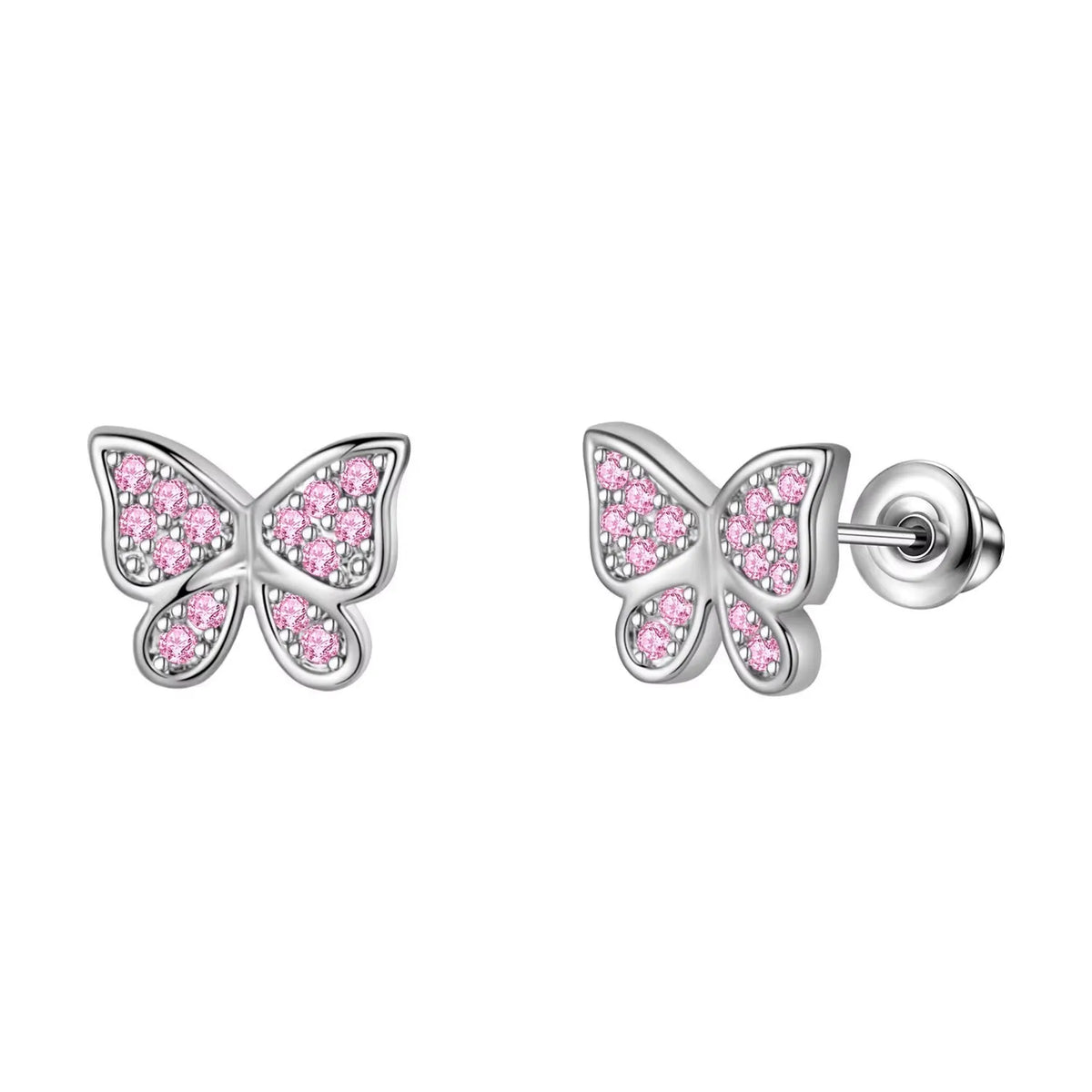 Butterfly sparkle stud earrings with pink crystal pattern in silver-tone setting