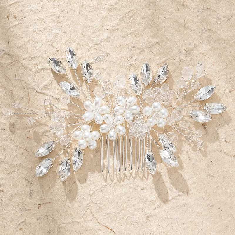 Bridal hair comb with pearl beads, crystal teardrop leaves, and prong comb centerpiece