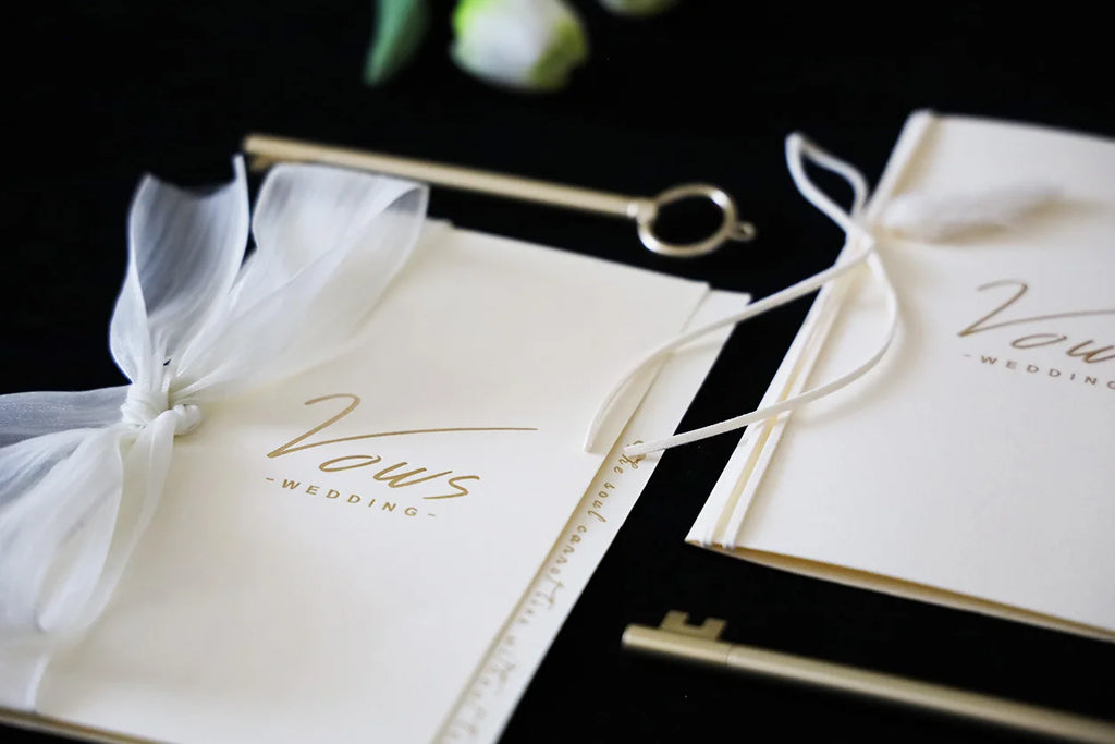 Ivory wedding vows booklet set with gold foil-style print and ribbon ties