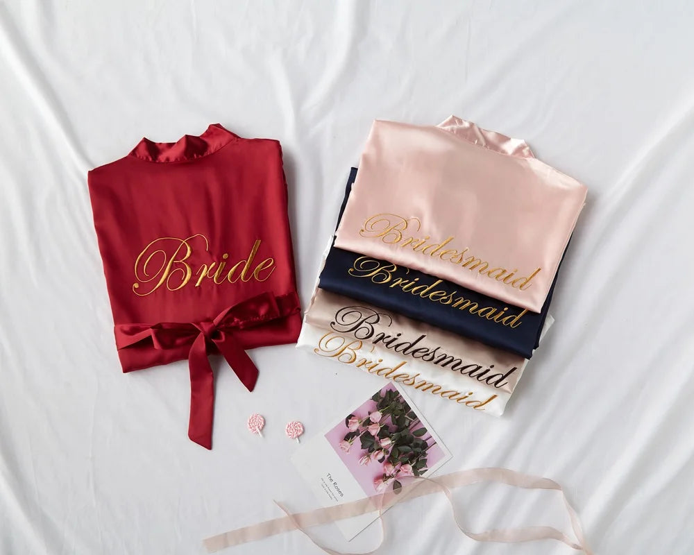 Satin bridal robe set, red and blush robes with embroidered Bride and satin bows
