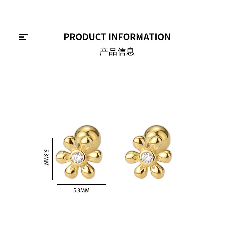 Gold-tone daisy flower zircon stud earrings, shown with 5.3mm size