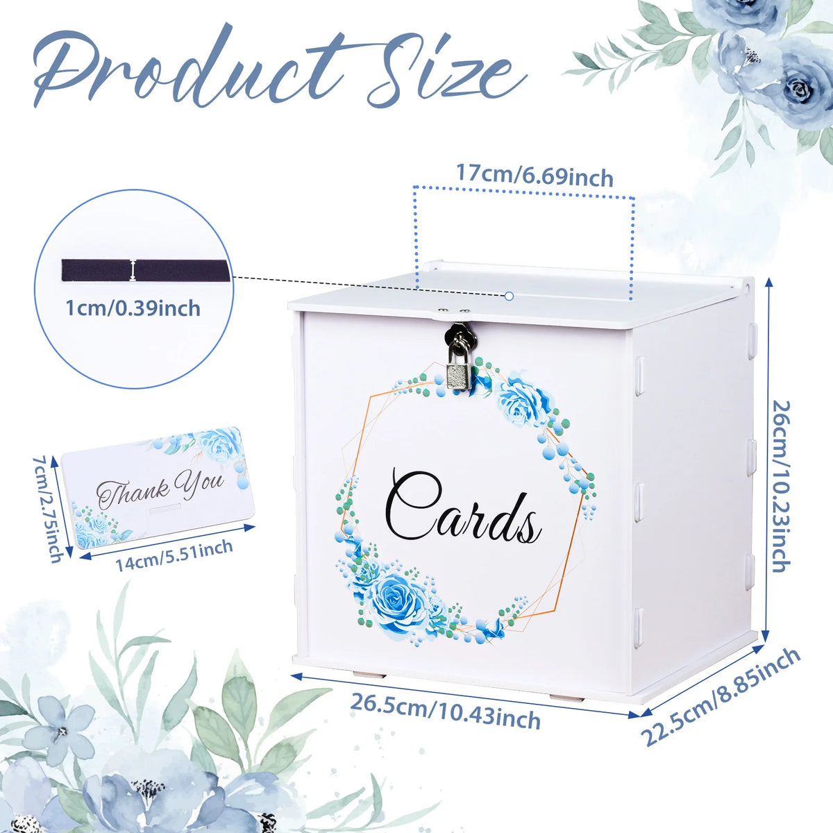 White wedding card box with lock, blue rose geometric wreath and 'Cards' front