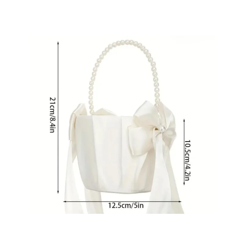 Ivory satin flower girl basket with pearl beaded handle and large bow with ribbon