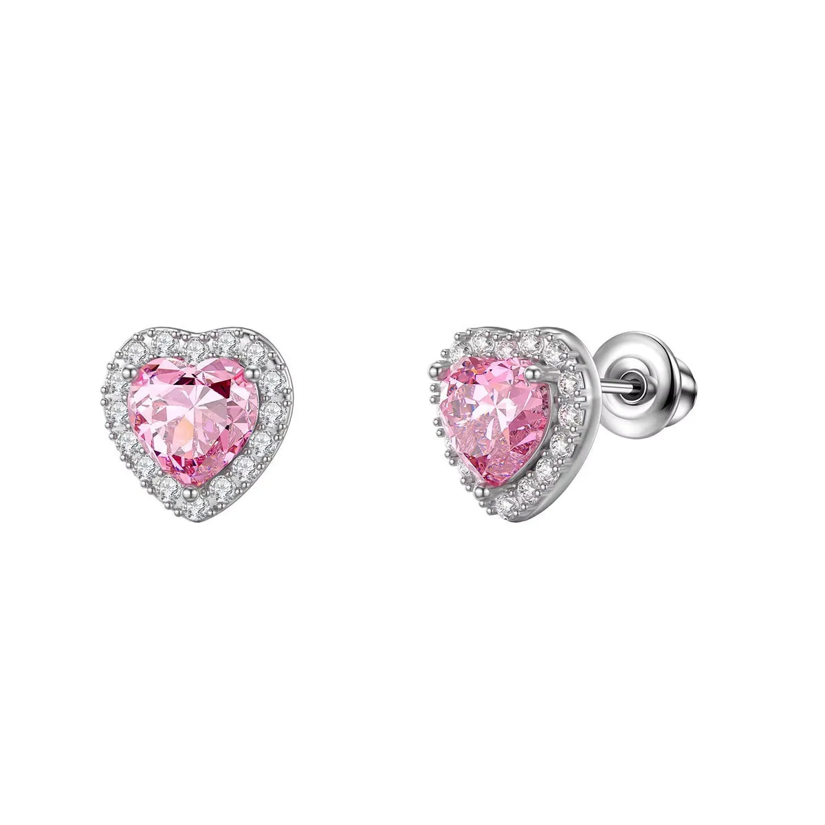 Heart-shaped sparkle stud earrings with pink crystal center and silver crystal halo