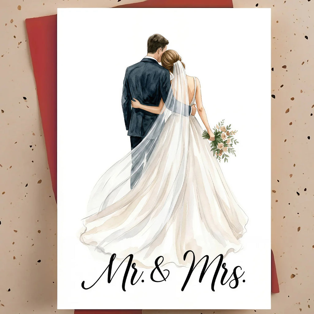 Watercolor wedding card with bride and groom illustration and “Mr. & Mrs.” script text