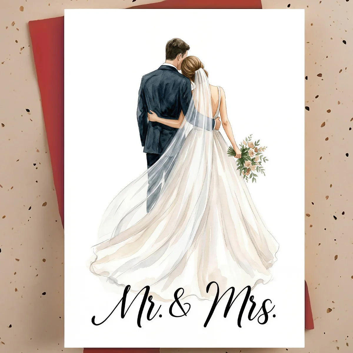 Watercolor wedding card with bride and groom illustration and “Mr. & Mrs.” script text