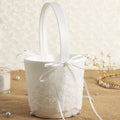 White lace satin flower basket with tall handle and bow-tied ribbons