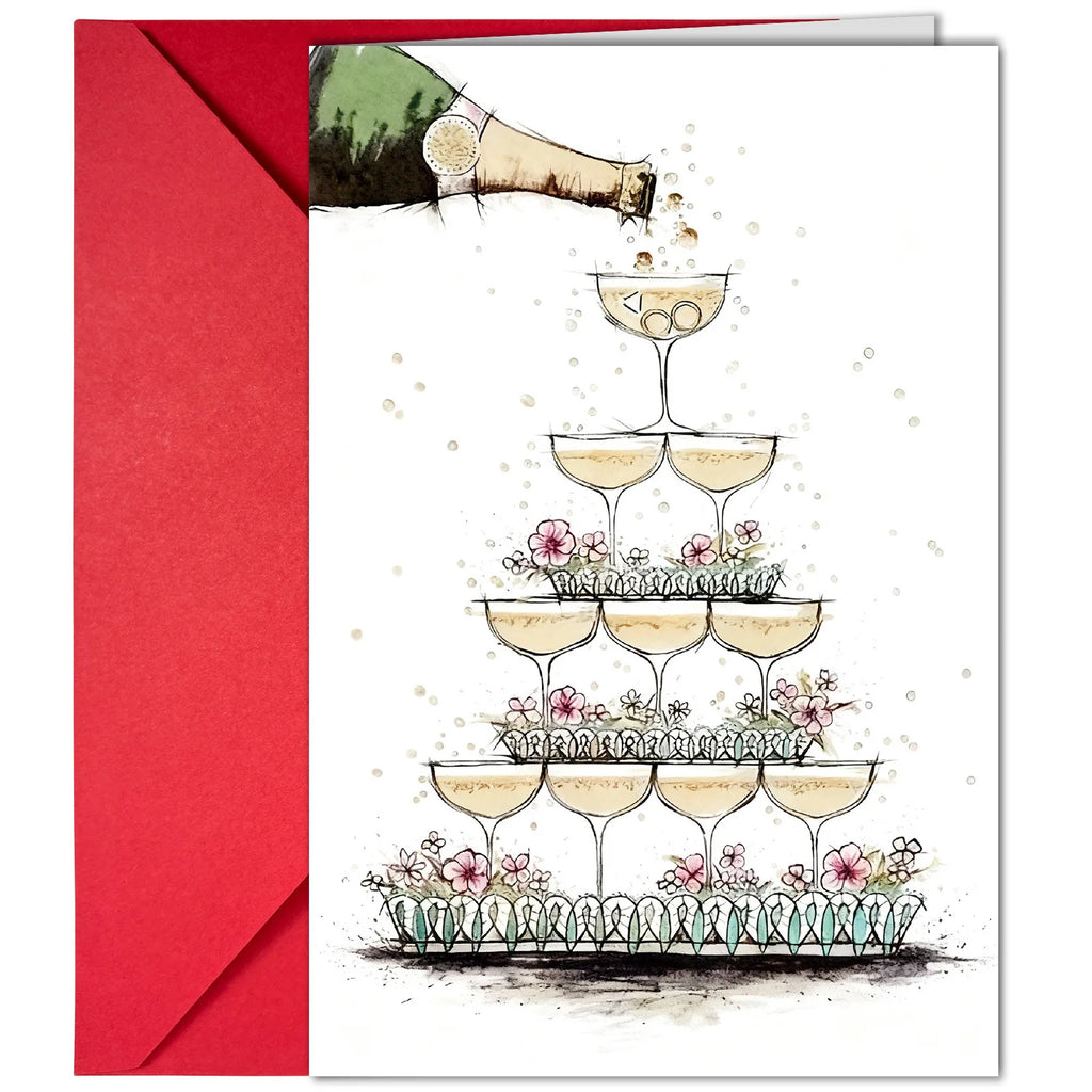 Wedding greeting card with watercolor champagne tower and floral accents