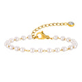 Gold chain pearl bracelet with round blue gemstone clasp and alternating pearl beads