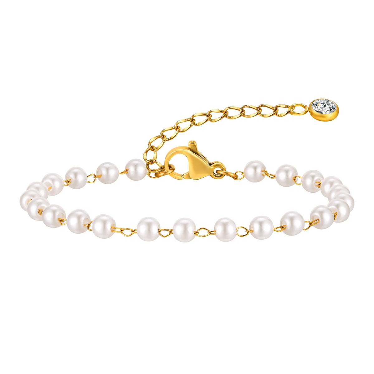 Gold chain pearl bracelet with round blue gemstone clasp and alternating pearl beads