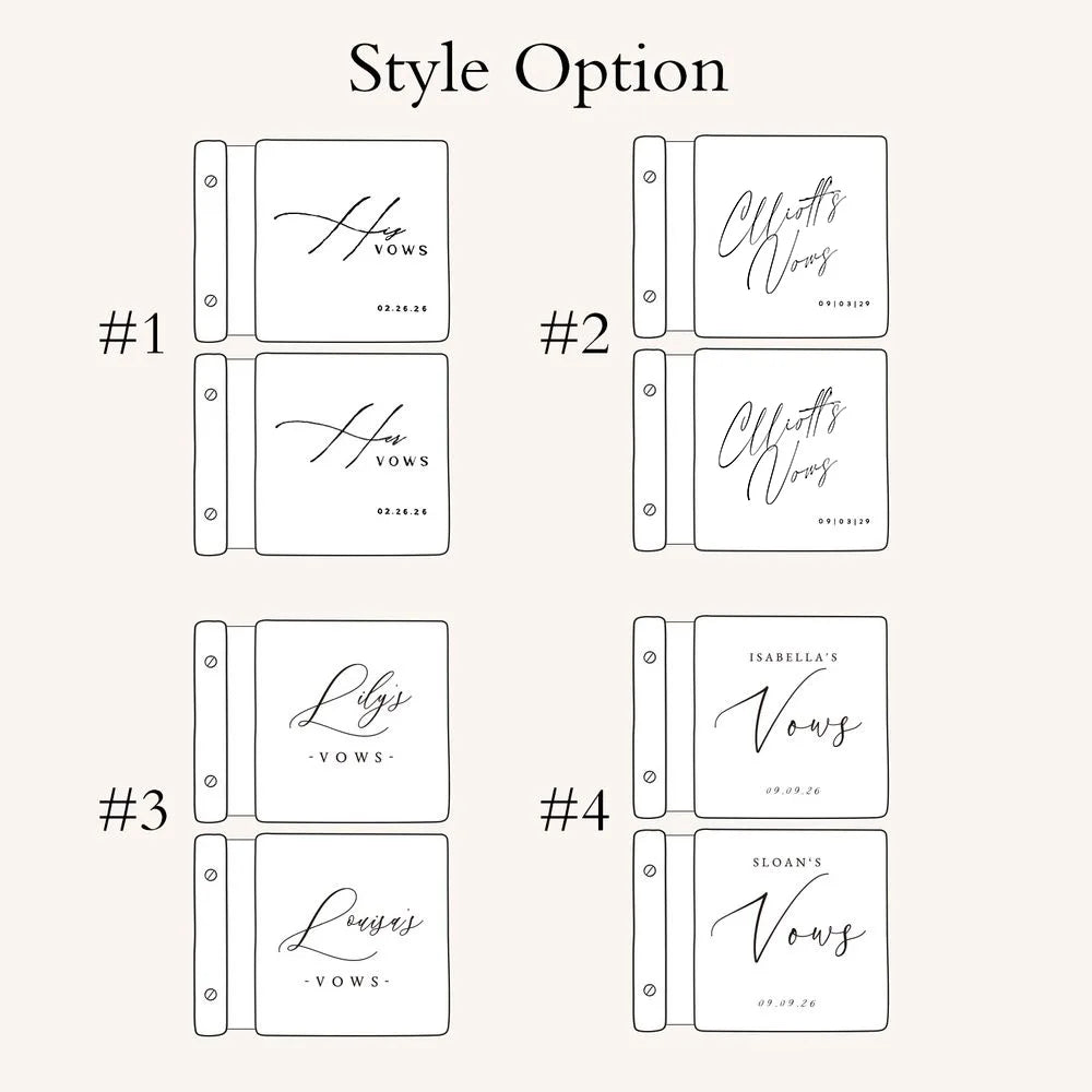 Four style option cards showing personalized wooden vow book cover layouts