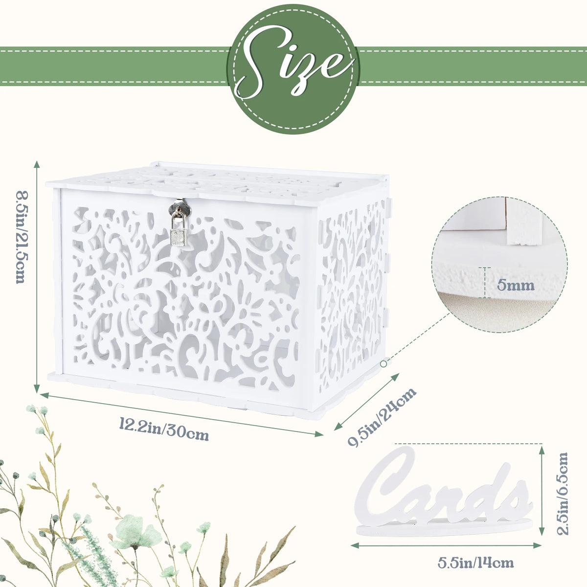 Milky white laser-cut floral lace card box with size diagram and 5mm thickness