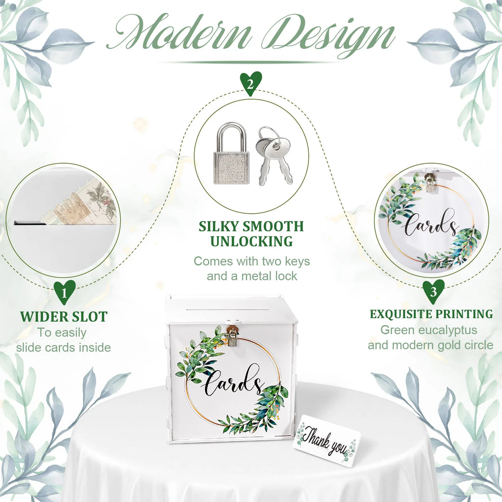 White wedding card box with key lock and wreath leaf circle design, "Cards" front