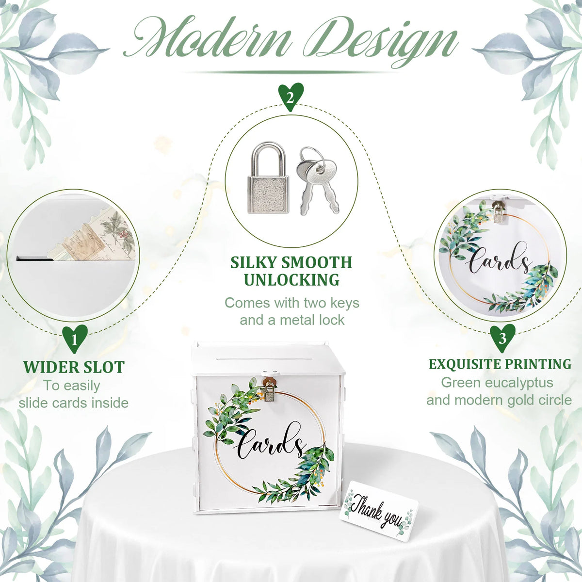 White wedding card box with key lock and wreath leaf circle design, "Cards" front