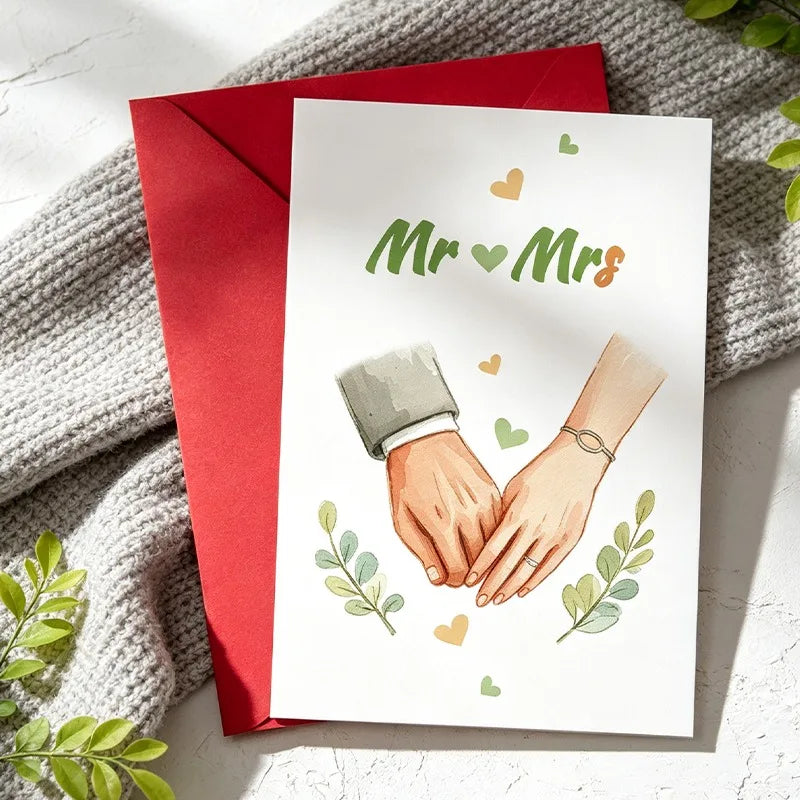 Wedding greeting card with Mr & Mrs holding-hands illustration and heart accents