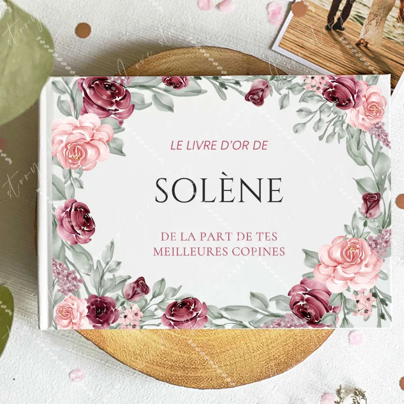 Wedding guest book cover with pink rose wreath frame and large name text; Solene card