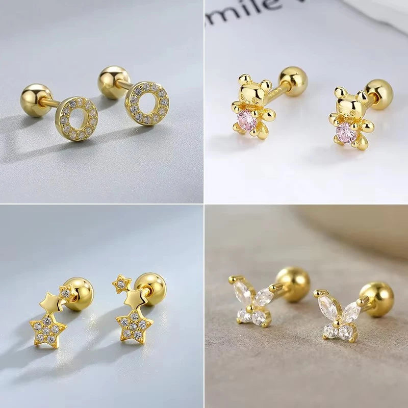 Gold round sparkle stud earrings with clear stone halo, ball posts