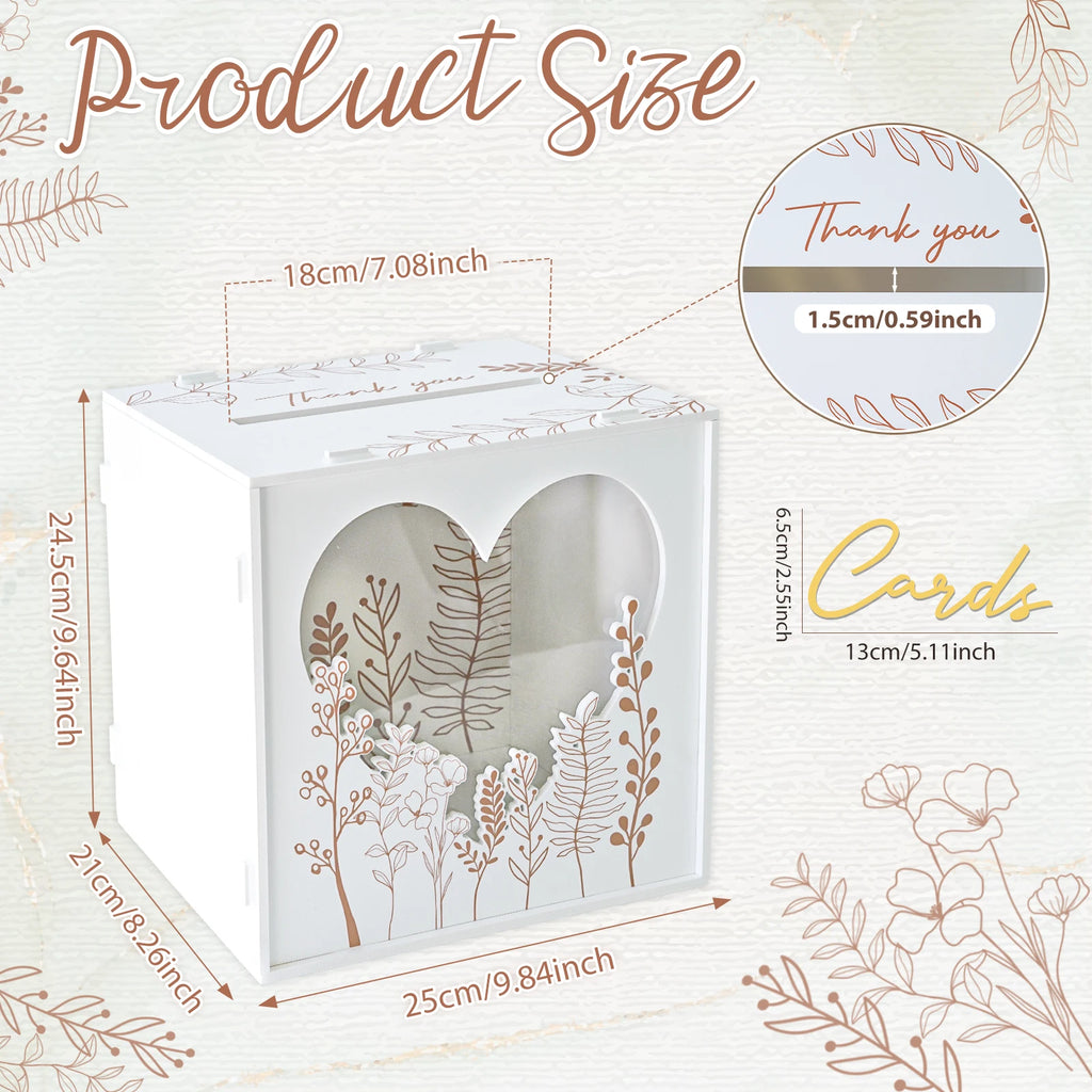 White acrylic card box with botanical heart front window and gold foil foliage