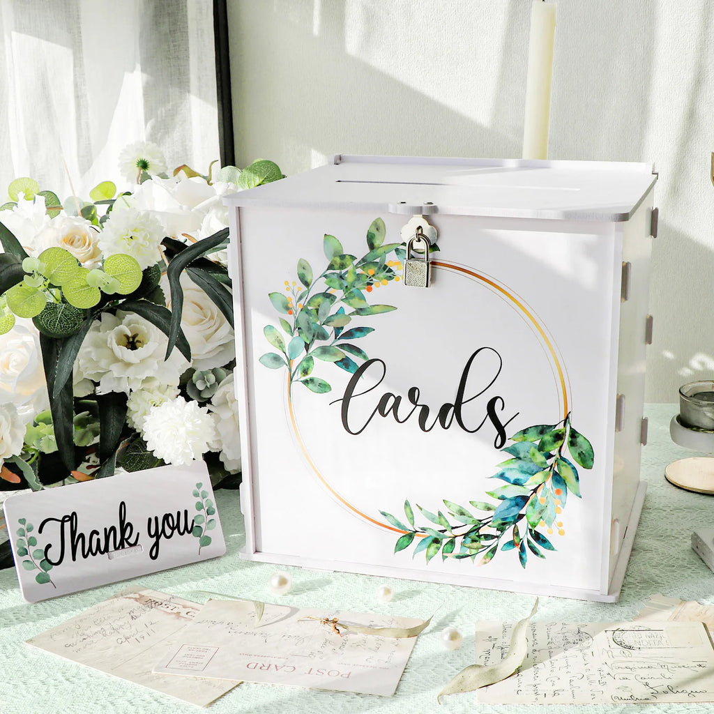 White wedding card box with lock and wreath leaf circle, front "Cards" lettering
