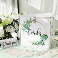 White wedding card box with lock and wreath leaf circle, front "Cards" lettering