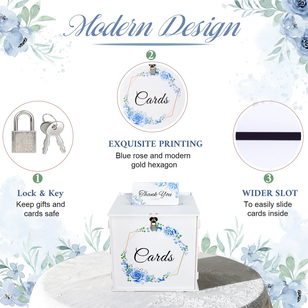 White wedding card box with lock and key, blue floral wreath 'Cards' front