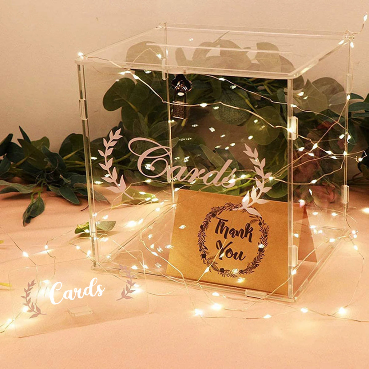 Clear acrylic wedding card box with lock, laurel and “Thank you” wreath graphic
