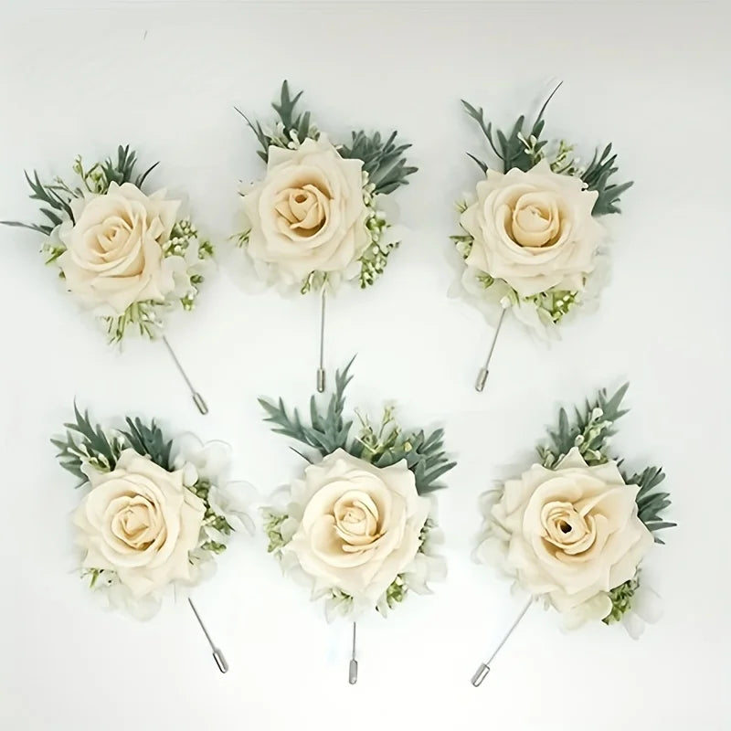 Set of 6 cream silk rose boutonnieres with green leaves and pins