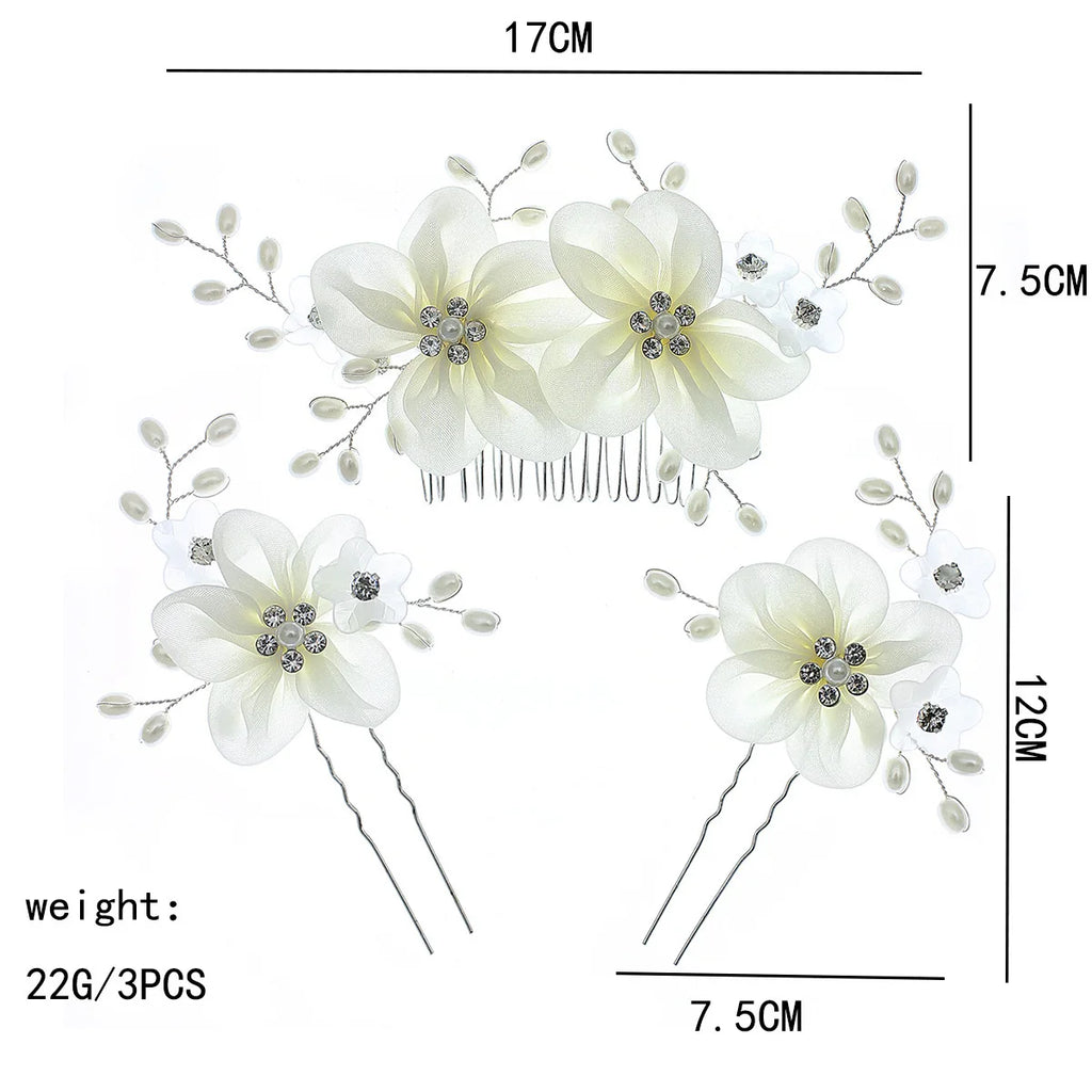 Floral hair set diagram: 17cm comb, 12cm pins; white flowers with pearl sprigs