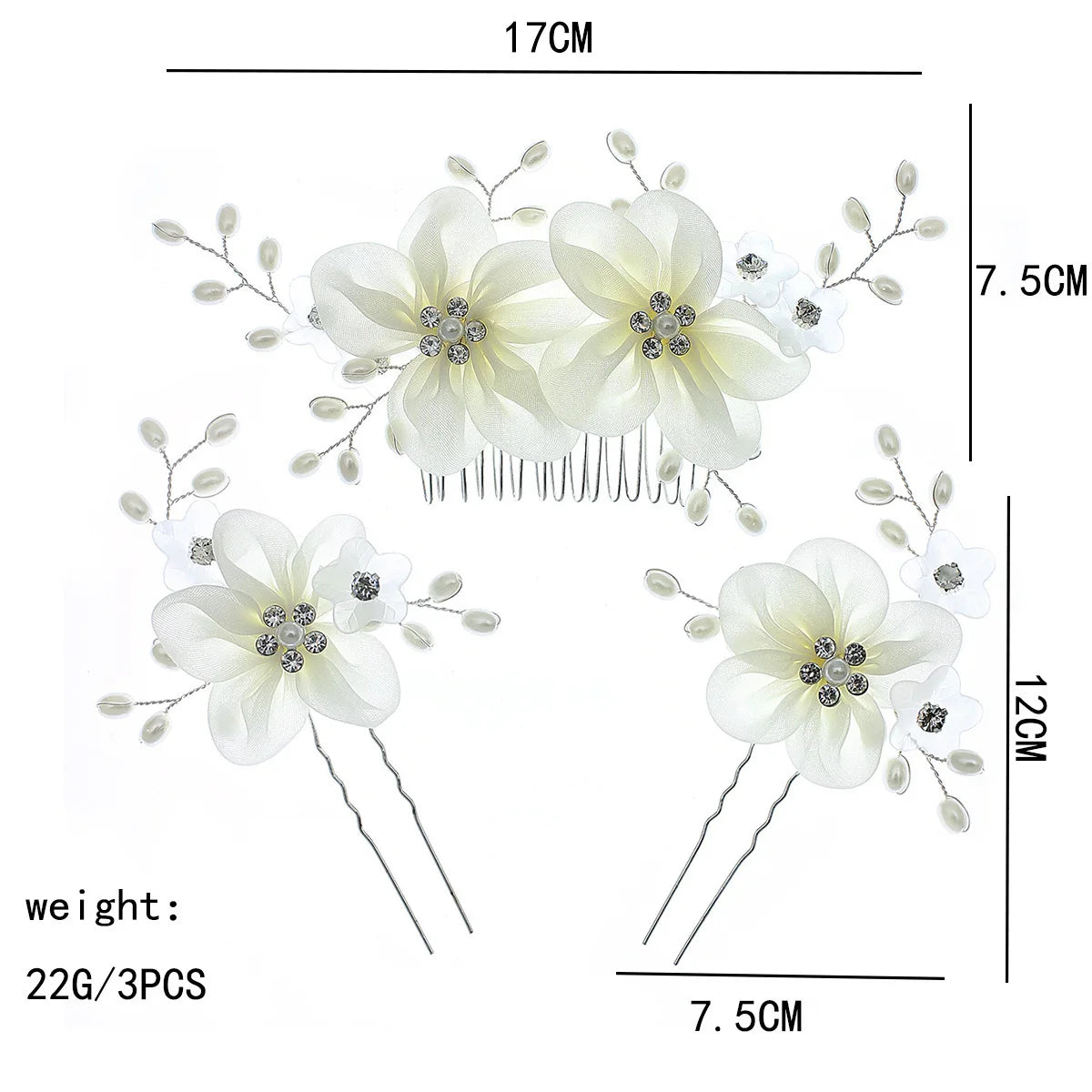 Floral hair set diagram: 17cm comb, 12cm pins; white flowers with pearl sprigs