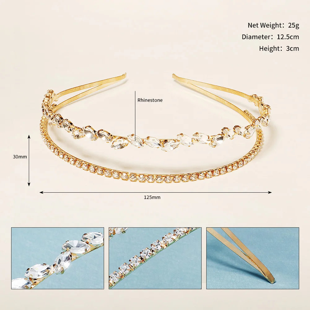 Gold-tone crystal rhinestone headband with double-row sparkle and curved arms.
