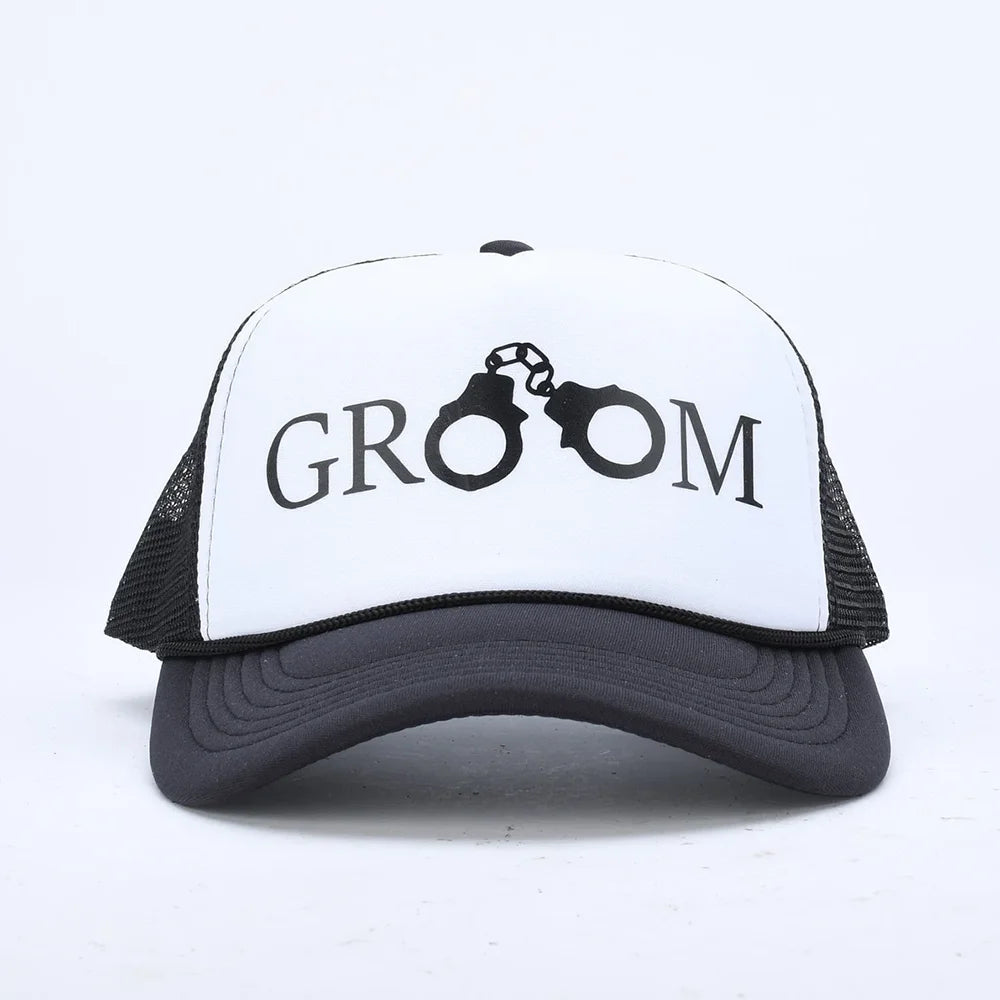 Groom trucker cap with soccer icon on white front, black mesh back and brim