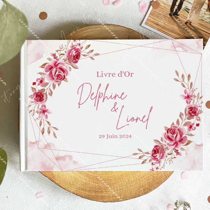 Wedding guest book cover with pink rose border and floral geometry; names and date 29 June 2024