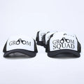 Groom Squad trucker cap set, white front with black mesh and logo text