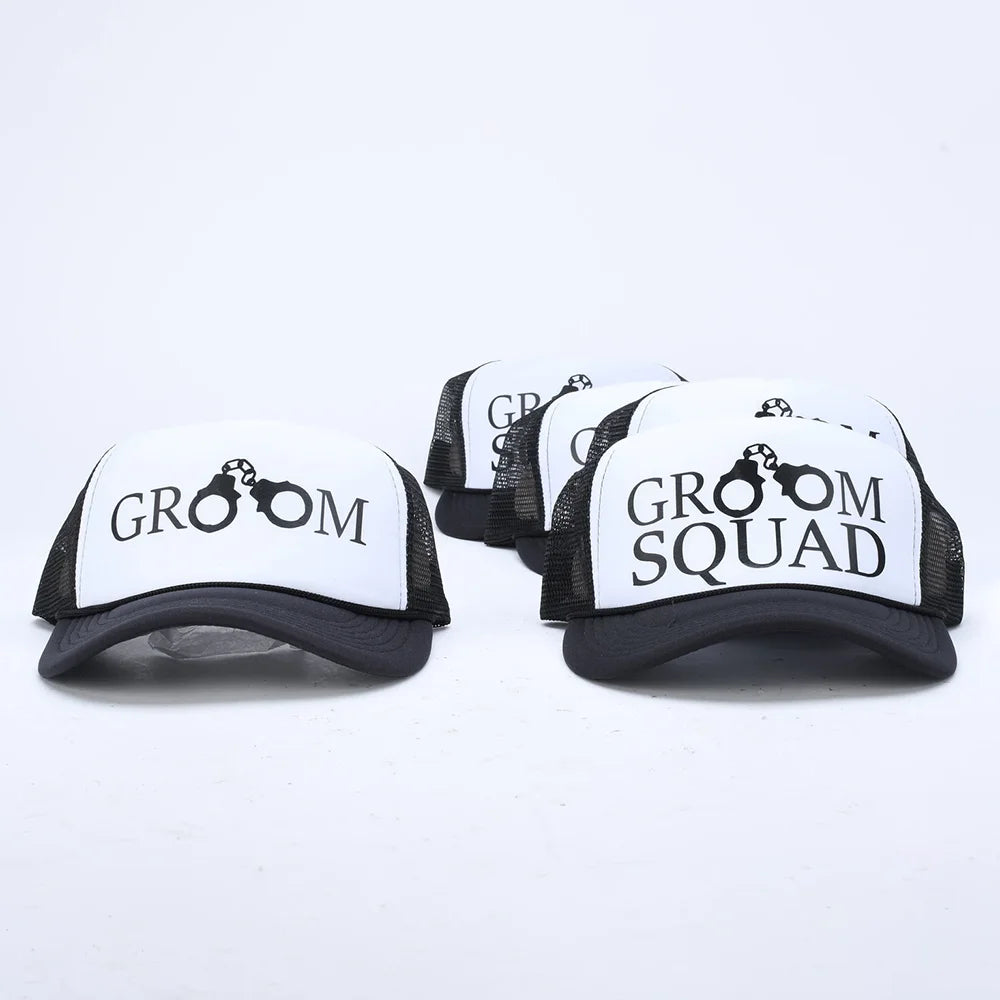 Groom Squad trucker cap set, white front with black mesh and logo text