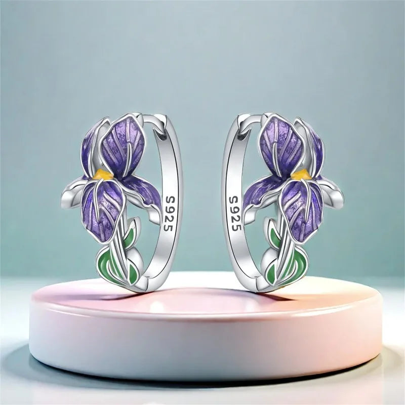 Sterling silver huggie earrings with purple iris flower and green leaf enamel, pair