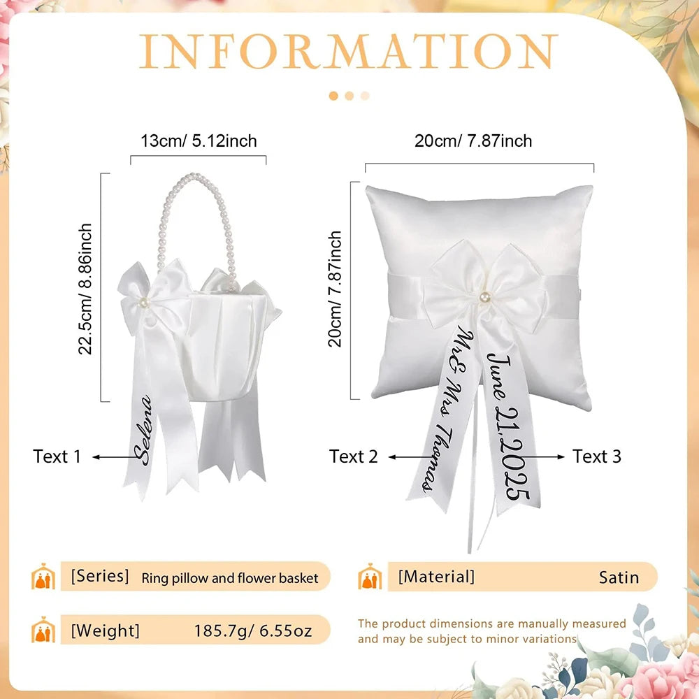 Satin ring pillow and flower basket set size and material information card