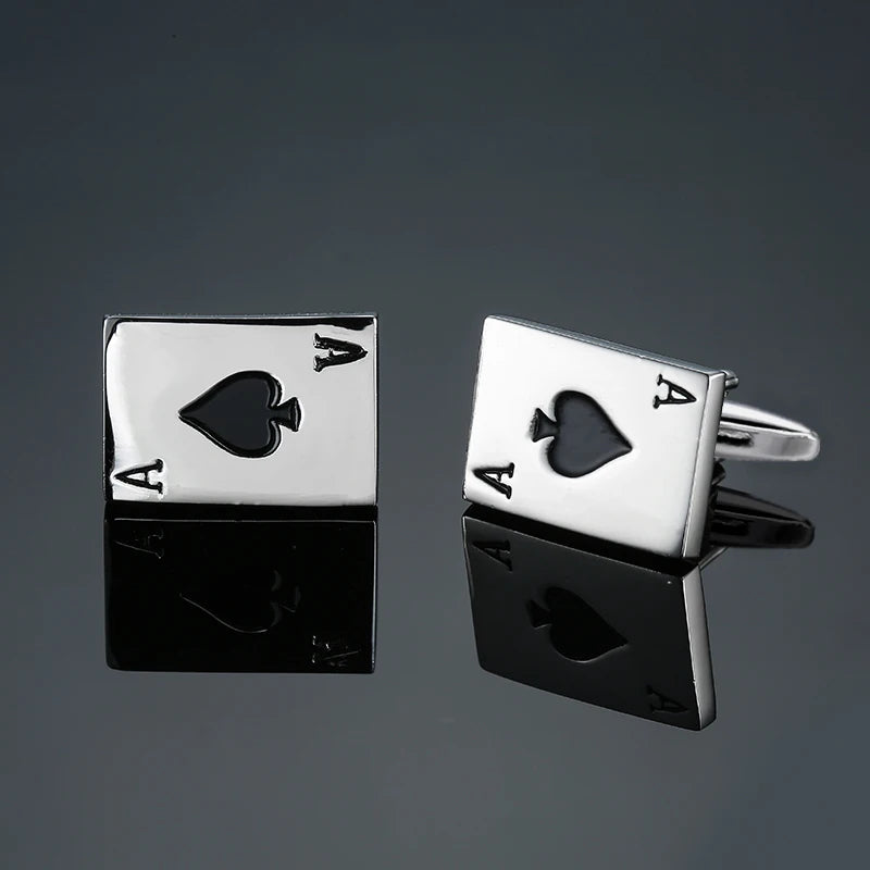 Cuff-link set with Ace of spades and Ace of hearts playing cards, silver tone