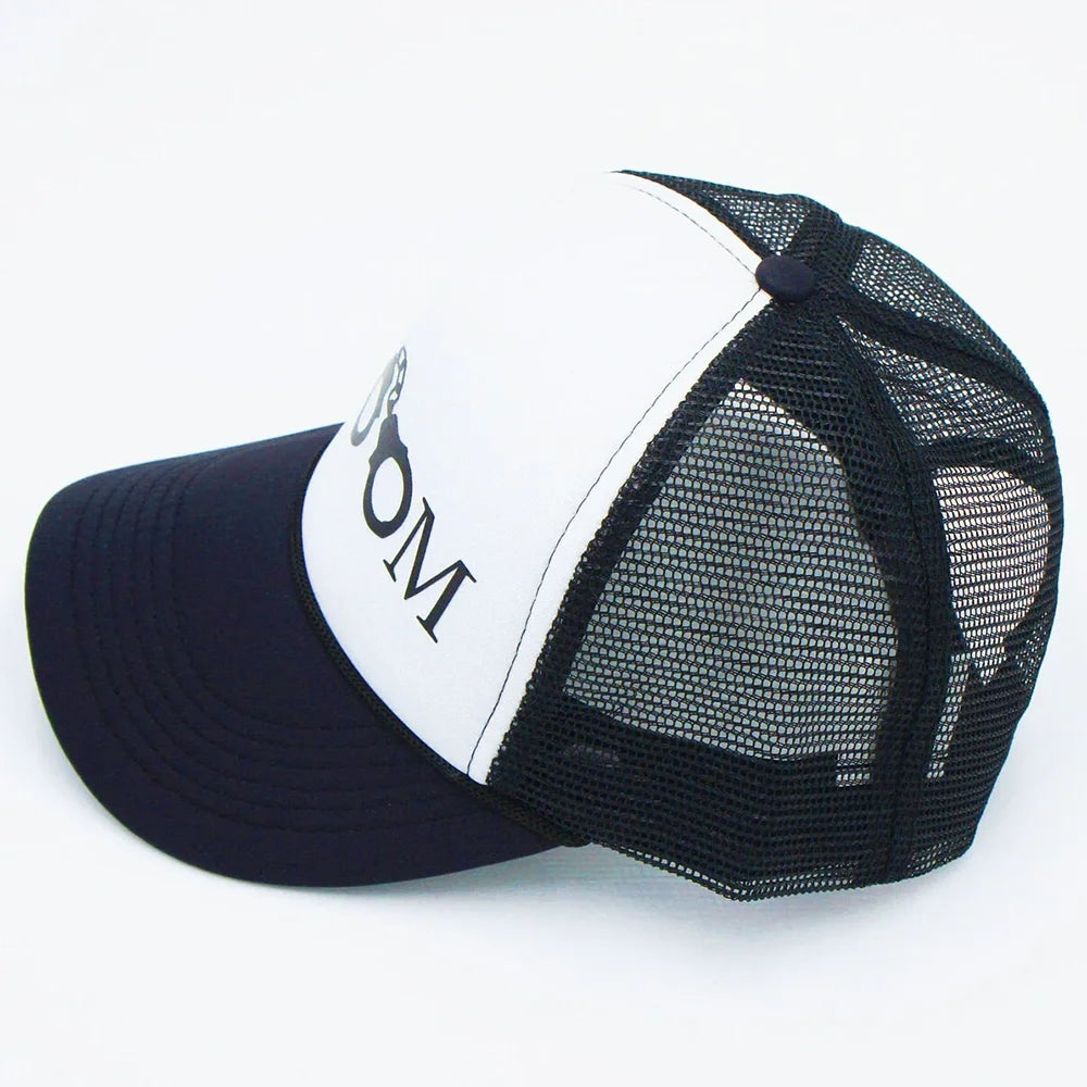 Groom logo trucker cap, white front panel, black mesh side and dark brim