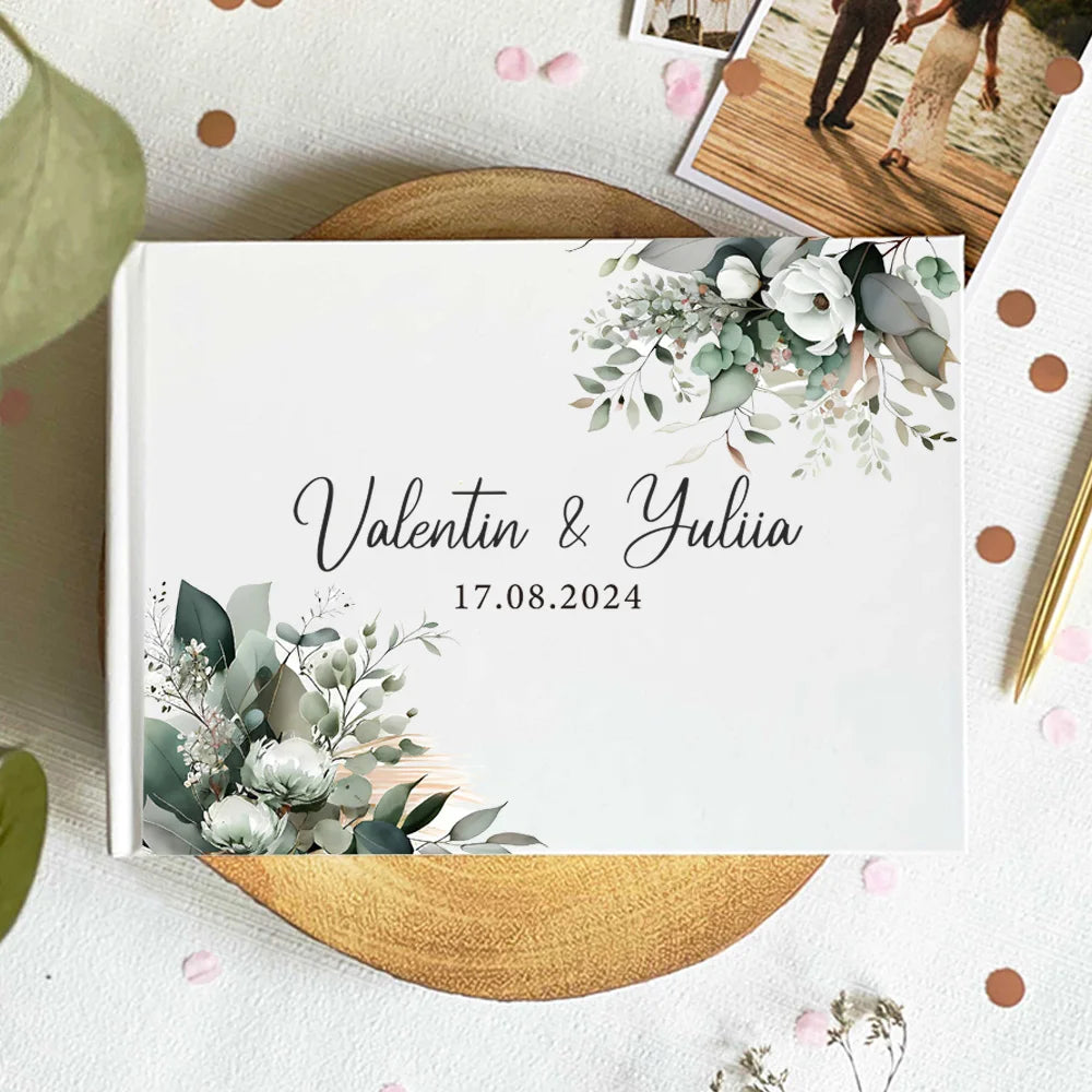 Wedding guest book cover with eucalyptus floral border and cursive couple names, 17.08.2024
