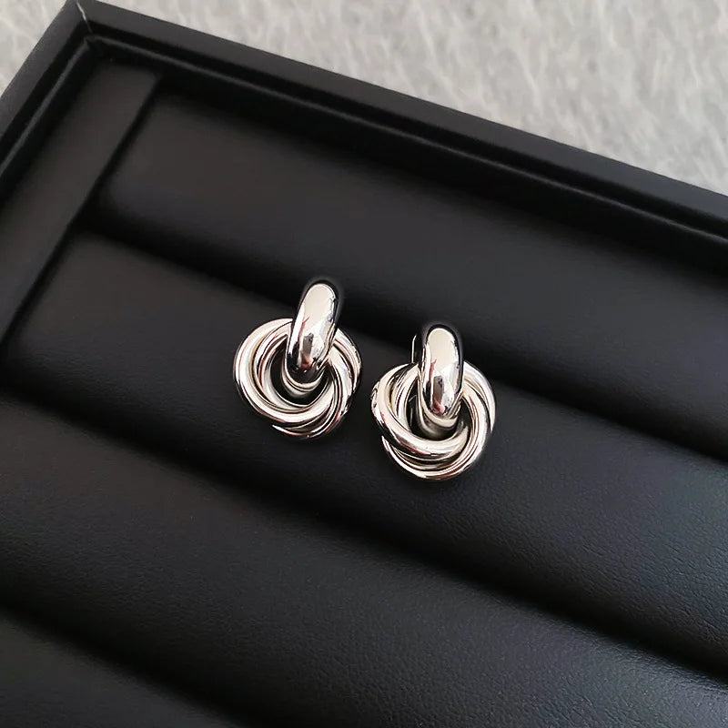 Knot stud earrings, silver-tone triple linked loops with post back