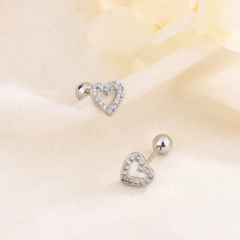 Crystal heart huggie hoop earrings with silver-tone ball ends