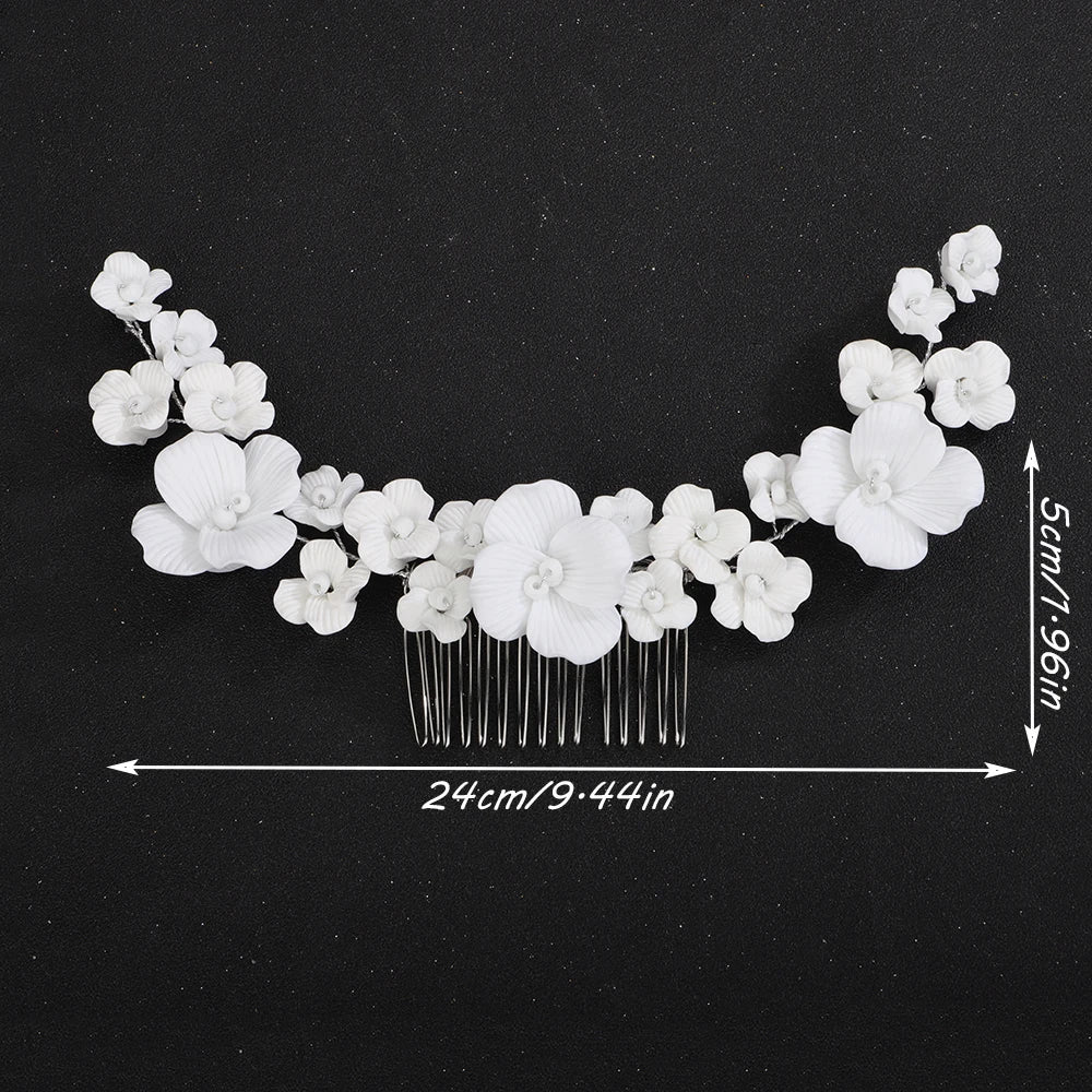 Bridal orchid hair comb with white blossoms; silver-tone comb, 24cm long