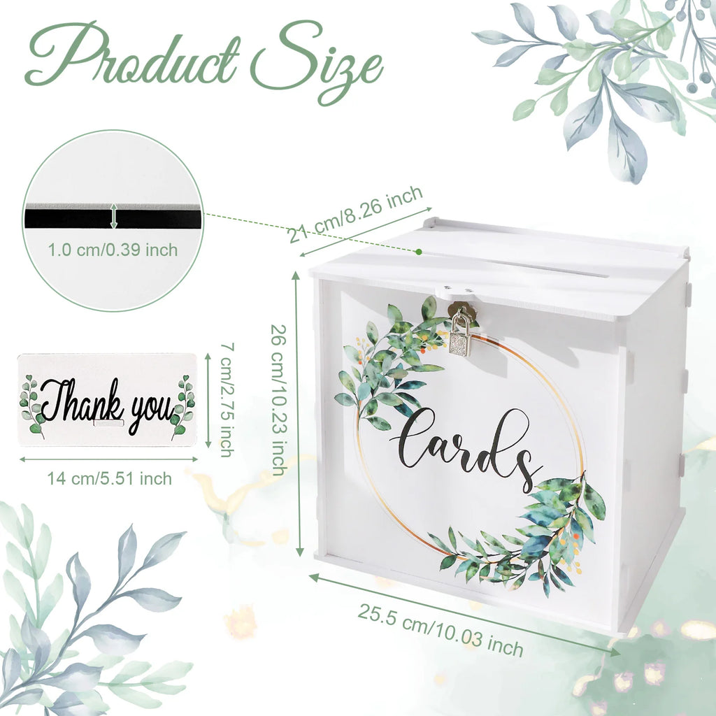 White wedding card box with wreath leaf circle and lock, front "Cards" design